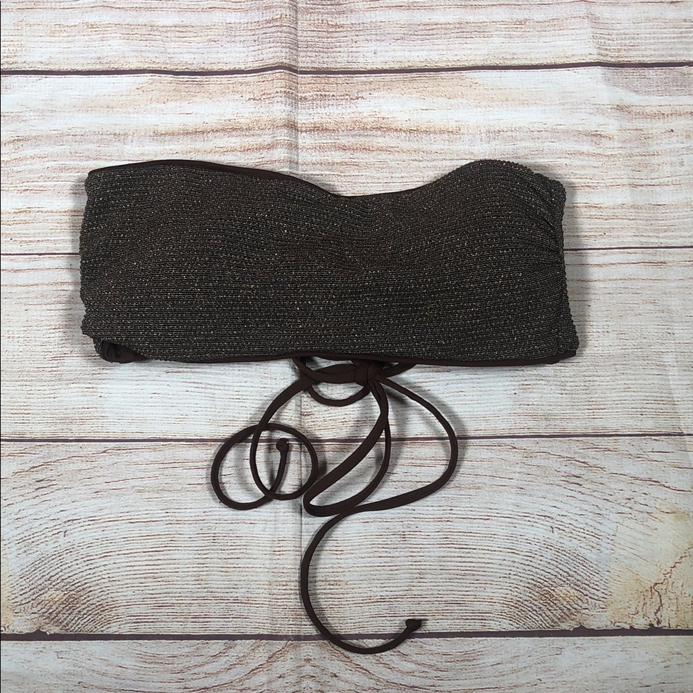 Becca Strapless Brown Metallic Bandeau Lace Up Back Bikini Top